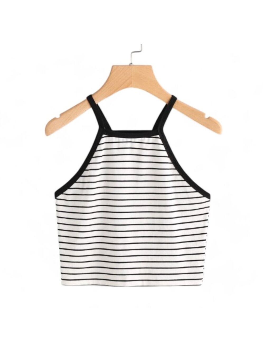 SHEIN Striped Halter Crop Top Black & White Sleeveless Racerback Tank Size S